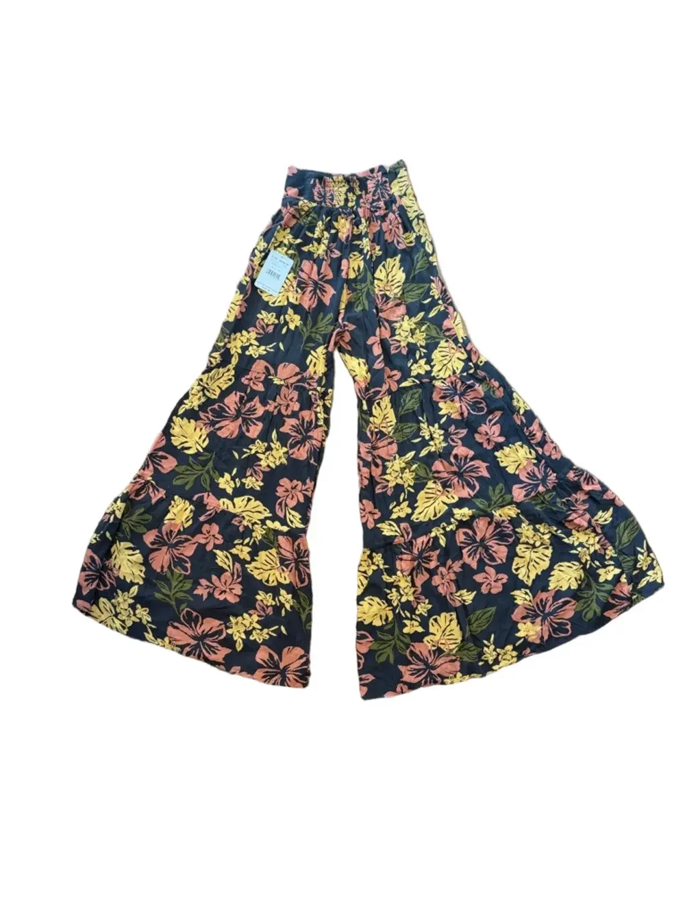 Free People Tiered Pants Black Floral Bell Bottom | Size Extra Small